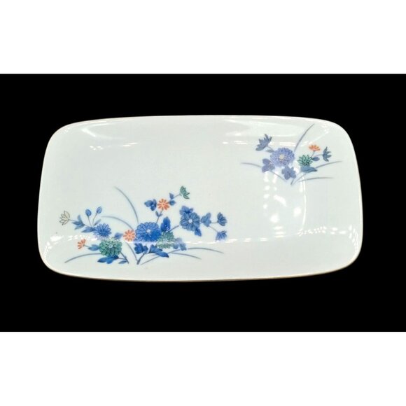Sushi Plate OMC Japan Rectangle Porcelain Blue Zinnia Flowers Gold Trim Vintage - Picture 1 of 16